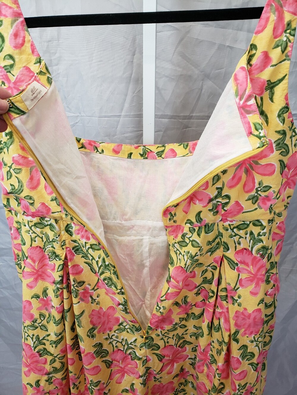 eShakti Yellow Pink Floral Ruched Empire Waist Midi Dress Pockets - Picture 7 of 11